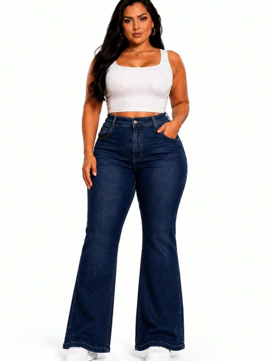 Calça jeans plus size feminina flare cintura alta com elastano premium - Lavagem escura - Visão 1