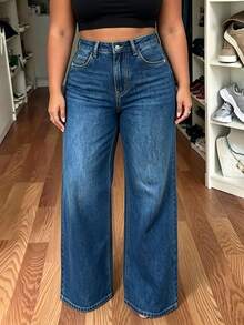 Washed Denim High Waist Draped Wide Leg Long Casual Jeans Plus Size Women's Denim Pants Fall - Dark Blue - View 5