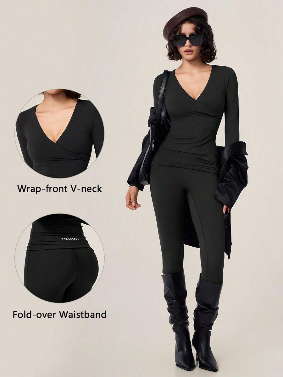 TimeOff Women's One Set Solid Color Cross V-Neck Long Sleeve V-Fold High Waist Mid-Length Pants Set - Black - View 1