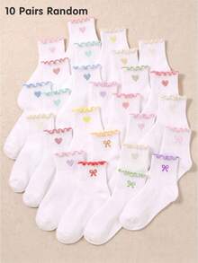 20/10/5 Pairs Random Sweet Heart Ruffle Trim Girls Socks, Soft Breathable Mid-Calf Socks, Back To School Autumn Socks, Halloween Christmas Party Socks - Multicolor - View 6