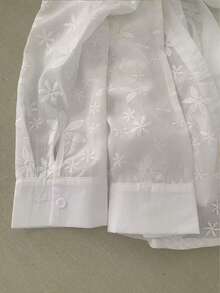 Women's White Embroidered Floral Button Shirt Collar Top, Hollow Out Regular Fit Autumn Blouse - White - View 5