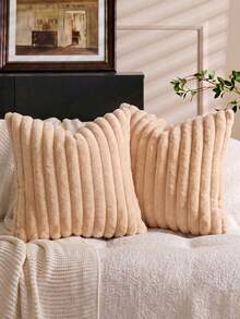 1pc Solid Color Faux Rabbit Fur Pillowcase, Square Cushion Cover, Holiday Home Pillow Decor, Soft Comfortable Faux Rabbit Fur Fabric, Modern Decorative Sofa, Home Bedroom, Dorm Use - Apricot - View 1