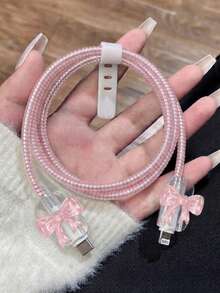 1 Set 3D Bow Data Cable Protector, Ins Soft Girl Style Data Cable Protector, Anti-Breakage Anti-Scratch Full Coverage Protection, Compatible With Apple 18W-20W Fast Charging, Holiday Small Gift, Cute Korean-Japanese Style For Girlfriend And Best Friend - Pink Crystal Bow - View 1