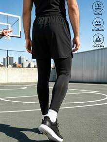 Men's Spring/Autumn 2 In 1 Sports Long Pants, Elastic Lining With Pockets, Jogging Print Training Pants - Black - View 2
