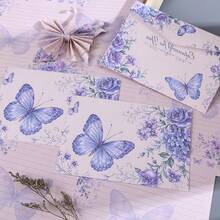 8 Pcs/Set (4 Envelopes + 4 Letter Papers) Purple Butterfly Rose Envelope Letter Paper Set, Aesthetic Floral Writing Stationery Scrapbook Paper, Decorative Invitation Kit For Birthday Wedding Holiday Party Supplies - Purple Butterfly - View 2