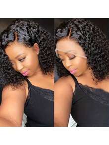 16 inch P4/27 Deep Wave Highlighted Bob pruik van echt haar, 5x5 honingbruin krullend haar, glueless pruik van echt haar voor vrouwen, korte HD lace front pruik - Natural Black - Bekijken 3