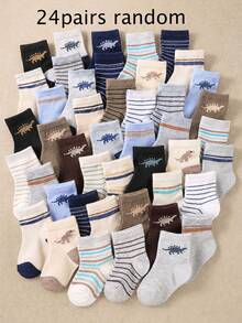 24/12/6 Pairs Random Baby Mid-Calf Socks, Fun Dinosaur Animal Jacquard Pattern Socks, Horizontal Stripe Print Mixed Design, Cute Cartoon Dinosaur Knitted Pattern, Neutral Blue Earth Tone Multi-Color Combination, With Ribbed Elastic Cuff, Soft Breathable And Elastic, Suitable For Little Boys And Girls Daily Casual Wear. - Multicolor - View 8