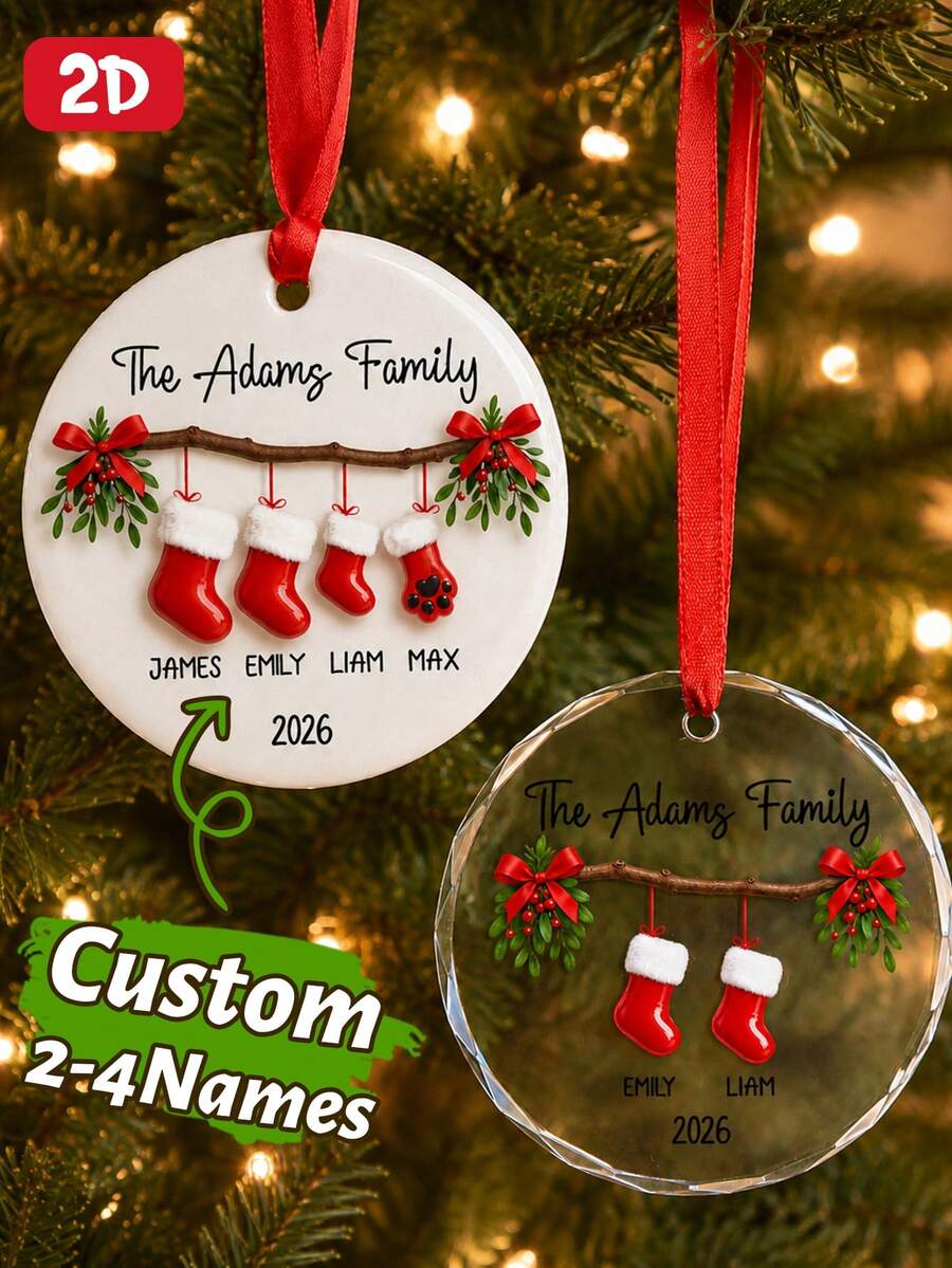 Custom Festive Christmas Ornament, Personalized Family Name Labels, Merry Christmas Tree Hanging Decor For Gift Giving And Holiday Party Favors, Customized Xmas Stocking Ornament With 2-4 Family Names, Customizable Holiday Keepsake Gift. - Style C - View 1