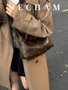 1pc Fashion Rivet Patchwork Crescent Handbag, Vintage Versatile Exquisite Shoulder Bag - Coffee - View 4