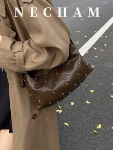 1pc Fashion Rivet Patchwork Crescent Handbag, Vintage Versatile Exquisite Shoulder Bag - Coffee - View 7