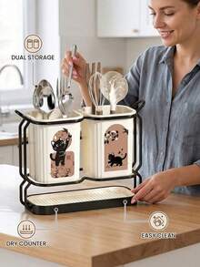 1pc 2-Compartment Utensil Organizer, Multi-Functional Kitchen Utensil Rack, Space-Saving Cutlery Storage Box, Suitable For Spoons, Forks, Knives, For Kitchen Countertop And Party Use - Multicolor - View 2