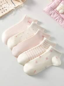 10/5 Pairs Women's Cute Sweet Breathable Cherry Bow Polka Dot Heart Stripe Short Invisible Socks, Casual Ankle Socks Mid-Calf Socks, Suitable For Spring And Summer - Multicolor - View 11