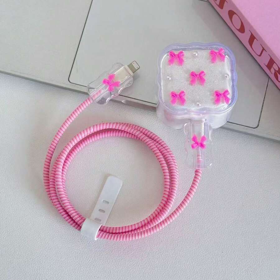 銀色蝴蝶結/櫻桃/花朵圖案 防刮折疊式 數據線保護套，支援 Apple 20W UK 快充充電器