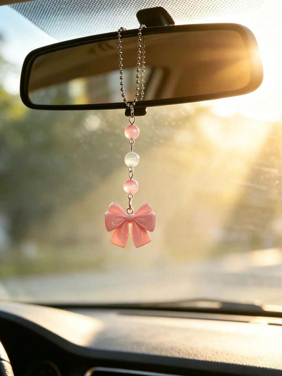 1件水晶珠粉色蝴蝶結汽車後視鏡吊飾,汽車內飾裝飾配件,汽車飾品 - A - 查看 1