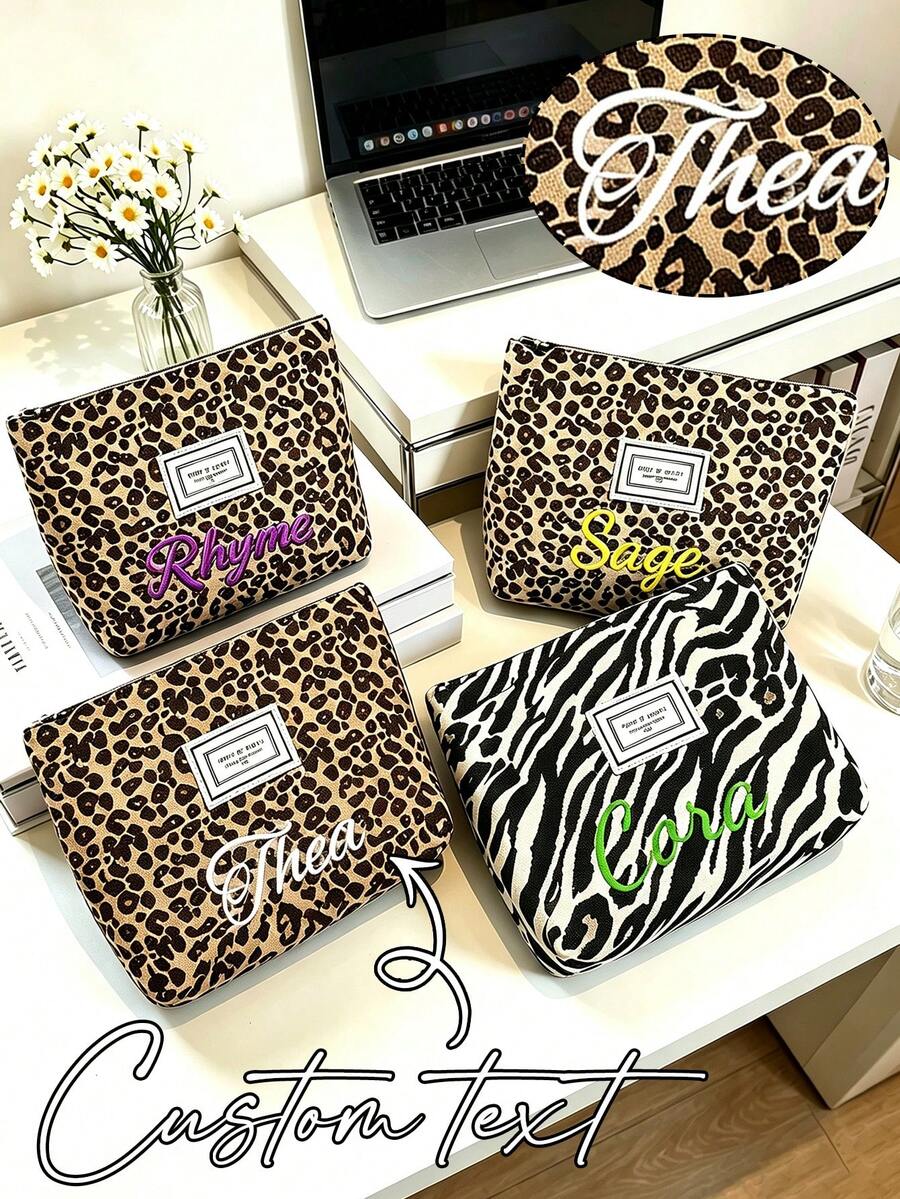 Customized Name Embroidered Makeup Bag, Leopard & Zebra Print Canvas Cosmetic Storage Bag, Personalized Toiletry Organizer, Gift For Women - Multicolor - View 1