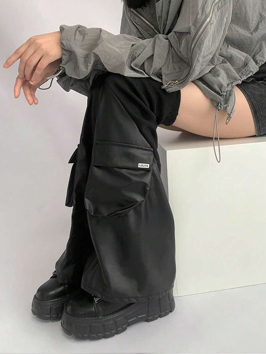 STAR RIVER Subculture Y2K Style Black Leather Patchwork Ribbed Hot Girl 3D Pocket Techwear Leg Warmers
