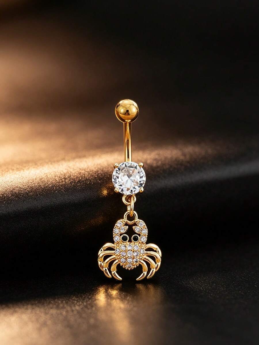 1pc Cute Ocean Crab Belly Button Ring, Stainless Steel Piercing Jewelry For Women, Beach Vacation Wear - Crab - View 1
