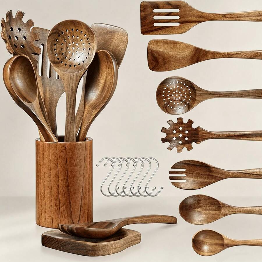 9-Piece Wooden Cooking Utensil Set - 9-Piece Natural Beech Wood Kitchen Tool Set, Wooden Spoon Set With Spoon Rack, Spoon Rest And Hooks, Wooden Spatula Set With 7 Metal Hooks - Brown - View 1