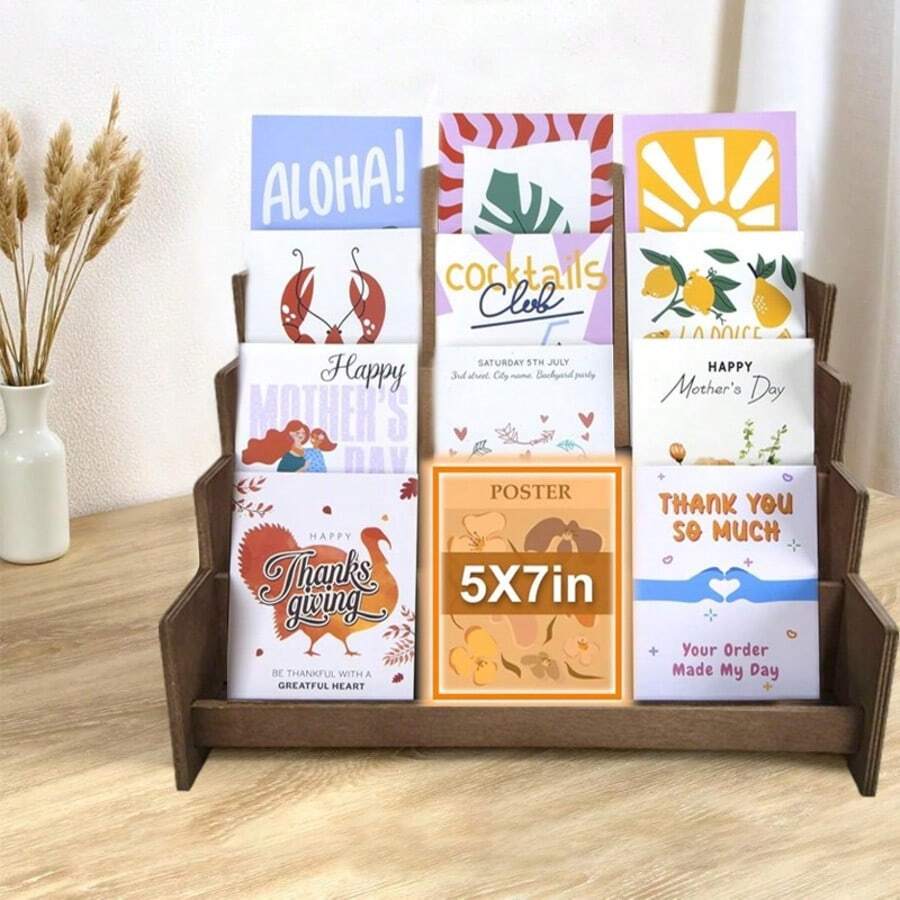 Vintage‑Style Wooden Display Stand, Rustic Brown Wood Card Holder, Countertop Exhibition Rack For Retail Space Home Decoration - A - View 1