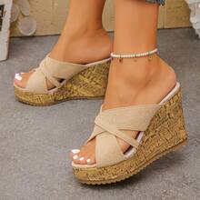 Sandal Wanita Bertumit Wedges Motif Kayu dengan Ujung Terbuka, Ukuran Plus, Platform Berongga - Krem - View 3