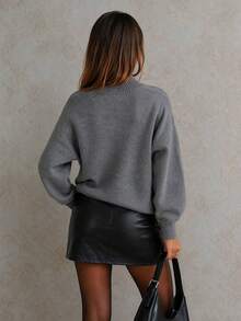 Women's Solid Color All-Match Versatile Mock Neck Long Sleeve Knit Sweater, Casual Versatile All-Match Pullover Sweater, Suitable For Daily Wear, Casual Commuting, Preppy Style, Vintage Style, Back To School - Grey - View 5