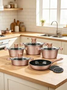 11 Pcs Champagne Aluminum Cookware Set, Glass Lids With Heat‑Resistant Handles, Comes With 2 Accessories, Compatible With Gas And Induction Cooker, Suitable For Making Soup, Stewing And Frying All Kinds Of Ingredients In Household Kitchen - View 9