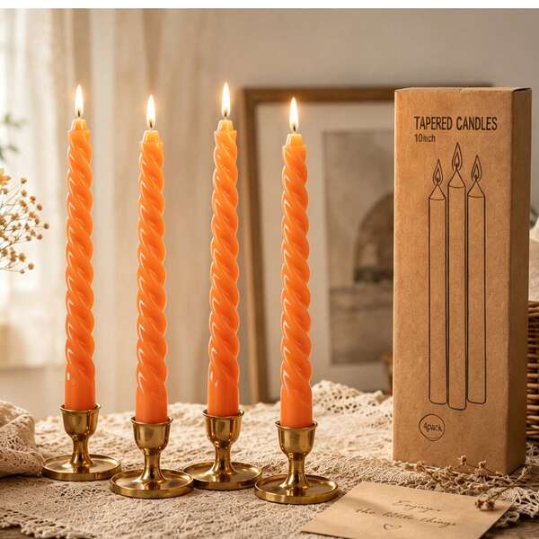 4-Piece Set Of 10-Inch Orange Classic Spiral Cone Candles, Unscented, Drip Design