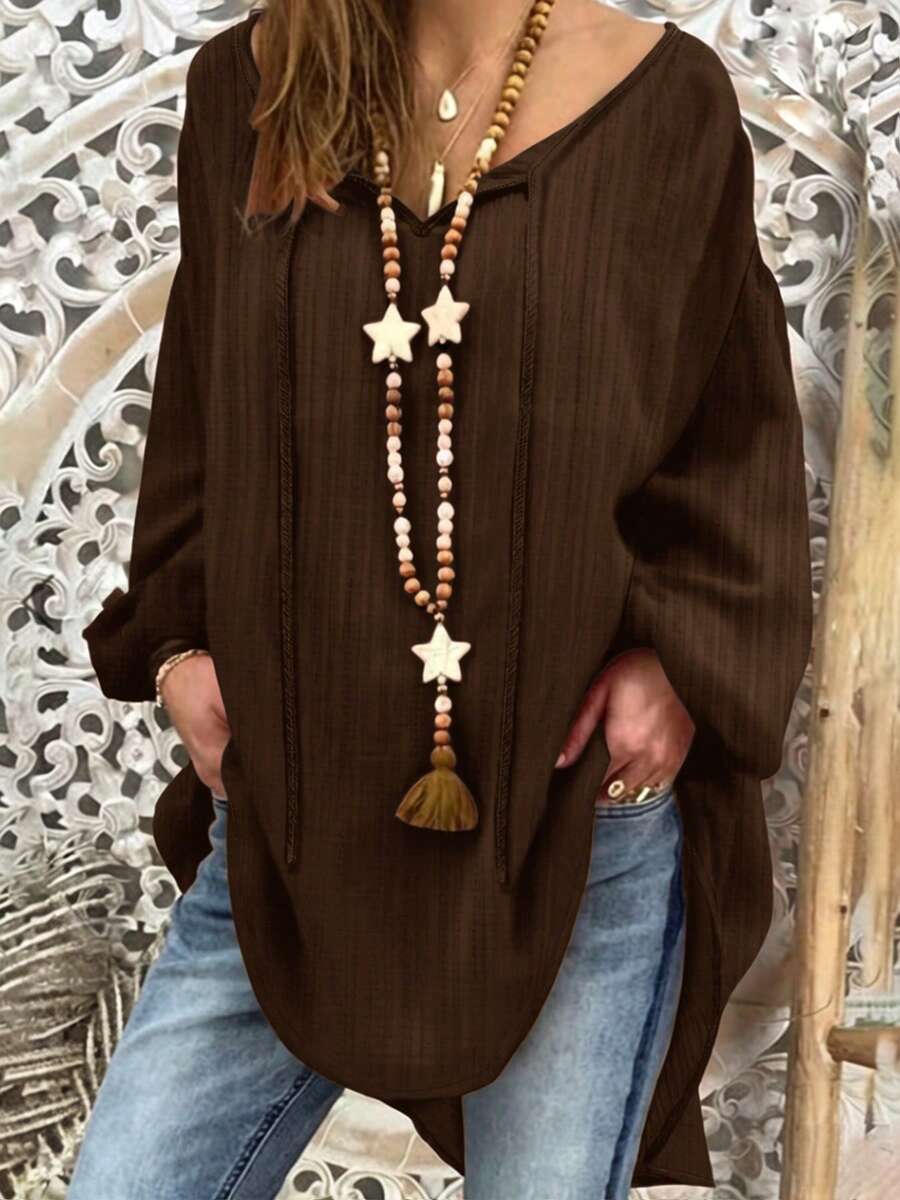 Plus Size Women's Bohemian Style Vacation Loose V-Neck Top, Lightweight Faux Linen Texture Summer Country Style Beach