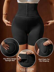 1pc Women's Shapewear Pants, Abdominal Compression, Flat Tummy Shaping, Waist Training, Butt Lifting Shorts, Underwear, Adjustable 3 Level Hook And Eye, Removable Butt Pads, Hip Pads, LUVIEE - Black - View 2