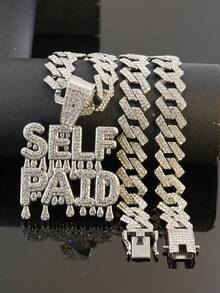 Hip-Hop Style SELF PAID Drip Letter Full Diamond Pendant With Iced Out Cuban Chain, Suitable For Rap Performance, Party Outfit, Unisex Niche Personalized Street Style Decorative Jewelry - SELF PAID - View 18