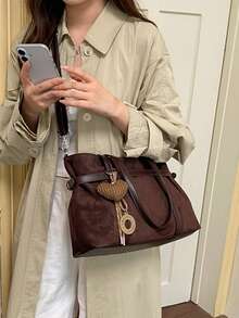 BEIKAMU 1pc Vintage Suede Large Capacity Tote Bag, Strap Versatile Women's Shoulder Bag Underarm Bag, Suitable For College, Commute, Shopping, Street, Daily Use (Pendant Not Included) - Coffee - View 7