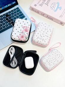 Floral Print Hard Shell Storage Case, Portable Zipper Electronic Accessories Organizer Pouch With Hand Strap, Protective Carry Bag For Earbuds, Cables, Makeup Cosmetics - Multicolor - View 3