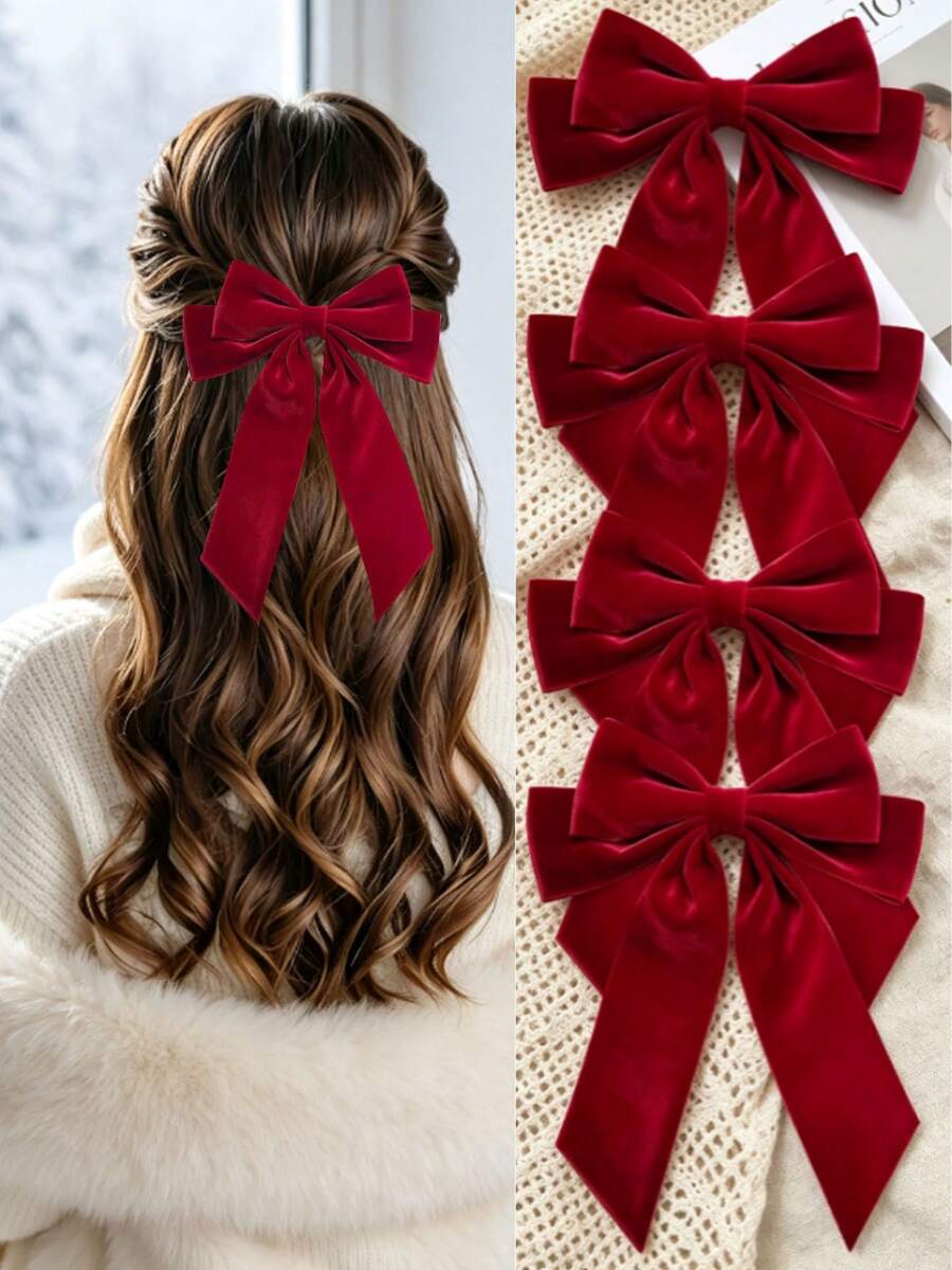 4Pcs Big Bow Hair Clips, Elegant Long Tassel Bow Barrettes Hair Clip, Hair Pins Christmas Holiday Party Hair Accessories For Women - Red - View 1