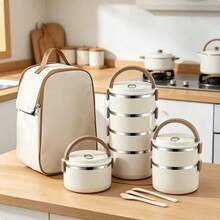 1 Set Large Capacity Stainless Steel Lunch Box, Includes Lunch Bag, Utensils And Bento Box, Reusable Portable Insulated Lunch Box Suitable For School, Camping, Back To School, School Supplies And Classroom, Kitchen Supplies - Beige - View 2