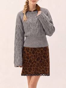 Sweater Pullover Rajut Kabel Wanita, Atasan Rajut Pendek Lengan Panjang, Cocok untuk Dipakai di Musim Gugur/Musim Dingin - Grey - View 4