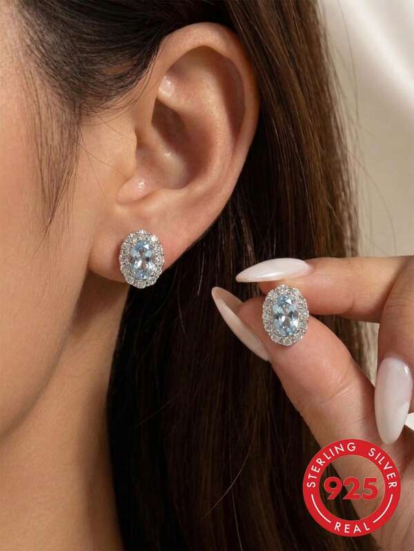 1 Pair S925 Sterling Silver Sky Blue Oval Zirconia Stud Earrings, Vintage Halo Sparkling Rhinestone Earrings, Elegant Luxury Wedding Date Jewelry For Women