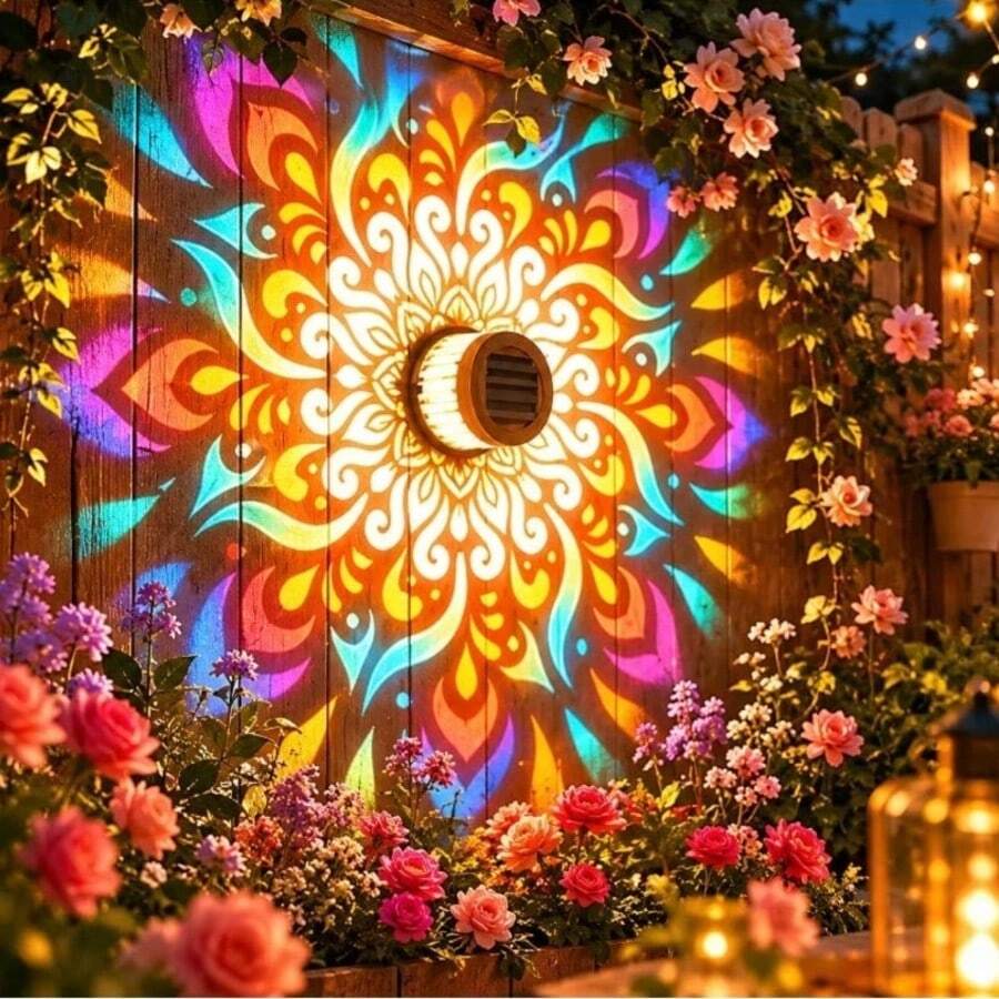 1pc 16-Color Mandala Projection Light, Solar Powered Dual-Use Wall Light, Multiple Dynamic Lighting Effects, Built-In Light Sensor Auto-On At Dusk, Halloween Atmosphere Light, Multi-Function Outdoor Landscape Spotlight, Suitable For Lawn, Garden, Stairs, Ground Decoration