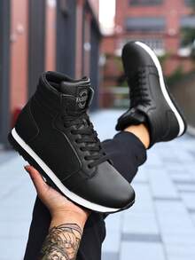 Men High‑Top Sneakers,Lace‑Up Closure,Contrast White Trim Sole,For Daily Wear, Jogging, Outdoor Commute - Black - View 4