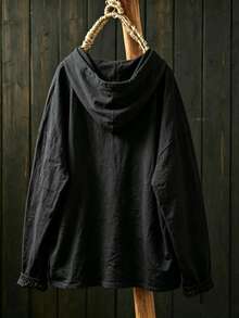 Plus Size Women Vintage Long Sleeve Hooded Shirt, Drop Shoulder Solid Color Top - Black - View 2