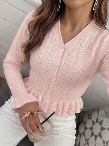 Women's Autumn/Winter Party & Outing Set, Pink Knit Hollow Design Long Sleeve Top, Casual Style - Pink - View 5