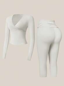TimeOff Women's One Set Solid Color Cross V-Neck Long Sleeve V-Fold High Waist Mid-Length Pants Set - Apricot - View 7