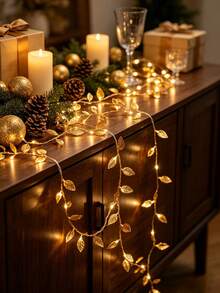 2p/1p Golden Leaf Garland Fairy Lights, Gold Leaf Fairy String Lights,Plastic Freestanding Interior String Lights With Warm White LED Lights, Battery Powered (2 Sections Not Included), For Home Decor, Table Setting, Christmas Table Decoration Lights - Multicolor - View 3