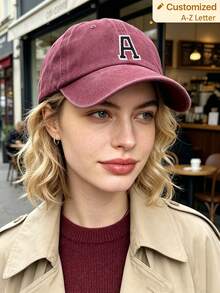 1pc Customized A-Z Letter Washed Vintage Baseball Cap, Burgundy Soft Top Dad Hat, Spring/Autumn Unisex Streetwear Y2K Retro - Burgundy - View 1