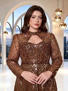Plus Size Summer/Autumn Elegant High Neck Hollow Out Sequin Beaded A-Line Maxi Dress, Long Sleeve Sheer Tulle Formal Gown - Coffee Brown - View 4