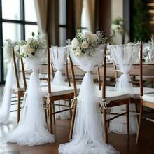 10pcs Elegant White Chiffon Chair Cover Set (Without Floral Accessories), Suitable For Aisle Wedding Chair Back Decoration, Church Chiffon Banquet Ceremony Reception Chair Set, Photography Props, Birthday Party And Home Decor - White - View 7