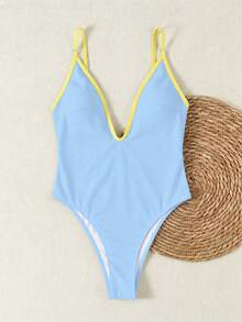 Women's Blue One-Piece Bikini Swimsuit With Yellow Trim, Backless Design, Suitable For Beach Vacation, Summer, Christmas And Halloween - Multicolor - View 4