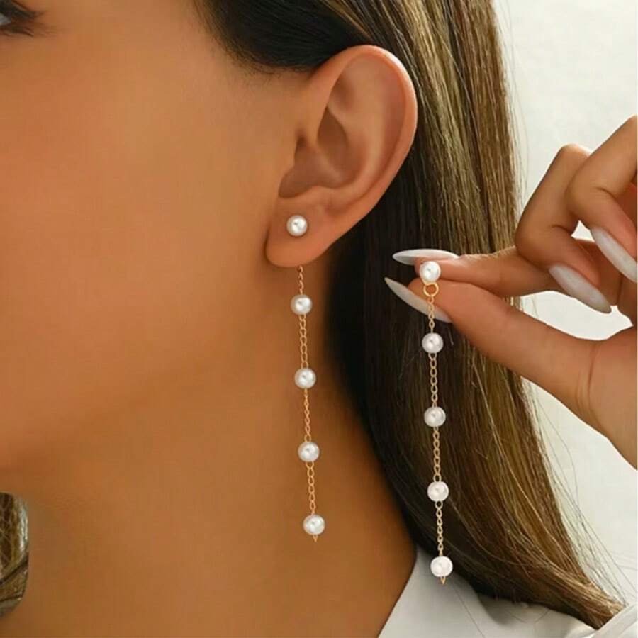 1 Pair Fashionable Elegant Tassel Pearl Stud Earrings - Gold Tassel - View 1