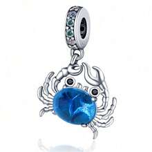1 Stück S925 Sterling Silber Ozean Stil Anhänger Perle, blauer Kristall Krabbe, Delfin, kleiner Fisch, Seestern, Quallen Formen, transparenter blauer Zirkonia eingelegt, frischer Tiefseeton, mit Geschenkbox, geeignet für Armband Halskette, handgefertigter DIY Schmuck, vielseitiges Sommer Strand Accessoire - Verschiedenfarbig - Übersicht 15