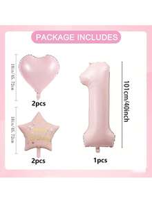 5pcs Pink Birthday Party Balloon Set With Star, Heart, Number 1 Foil Balloons, Suitable For Birthday Party Decoration, Theme Party Setup, 1st Birthday, Anniversary - Pink Star Heart Number 1 - View 4