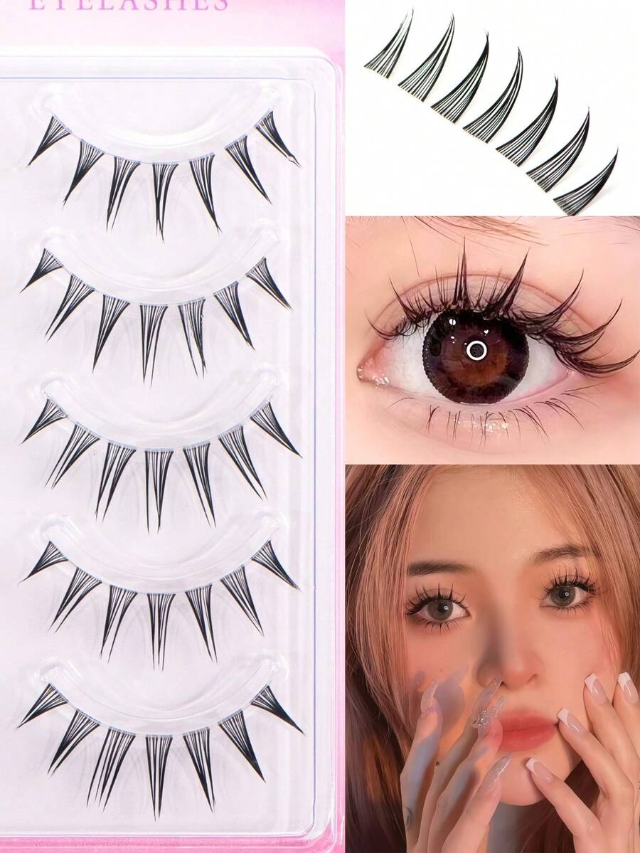 5 Pairs Pointed Tail Cartoon Style False Eyelashes, Japanese & Korean Style, 7-10mm Mixed Length, Pointed Tail Spiked Design With Transparent Stem, Natural Layered And Lively Look, Easily Create Cartoon Big Eye Makeup Effect. Soft And Lightweight, Fits Eye Shape, DIY Free Combination For Quick Application, Saves Makeup Time, Simple And Easy To Operate For Beginners, Reusable, Suitable For Daily Makeup, Dates, Travel, Parties, Practical Gift For Best Friends And Girlfriends.